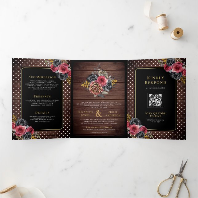 Burgundy Black Floral Roses Rustic Wood Wedding Tri-Fold Invitation (Inside)