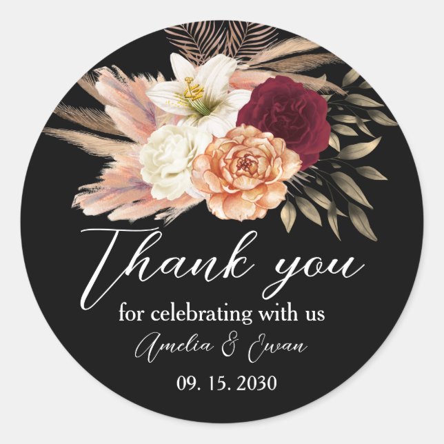 Burgundy Black Floral Wedding Thank You Sticker (Front)