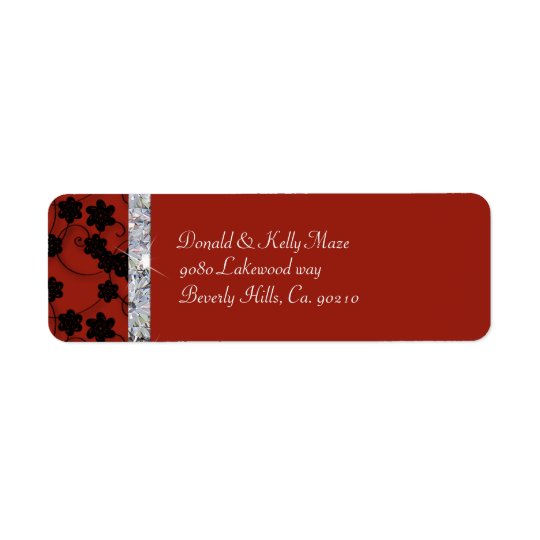 Burgundy & Black Flowers Diamond Shimmer Wedding Return Address Label