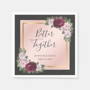 Burgundy Black Gold Blush Floral Wedding Napkin
