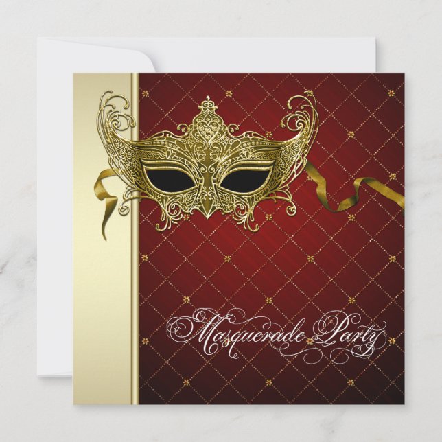 Burgundy Black Gold Masquerade Party Invitations (Front)