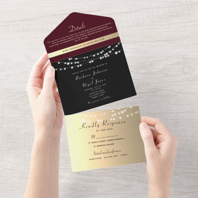 Burgundy Black Gold String Lights Wedding All In One Invitation (Tearaway)
