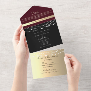 Burgundy Black Gold String Lights Wedding All In One Invitation