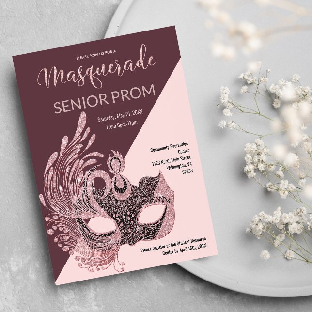 Burgundy Black Pink Glitter Masquerade Prom Invitation (Burgundy Black Pink Glitter Masquerade Prom)