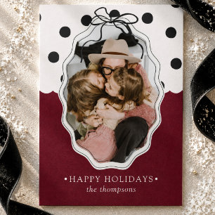 Burgundy Black Polka Dot Bow Family Photo Holiday Card