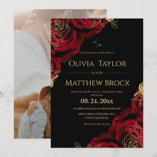 Burgundy Black ⎮ Roses Floral Wedding Photo Invitation