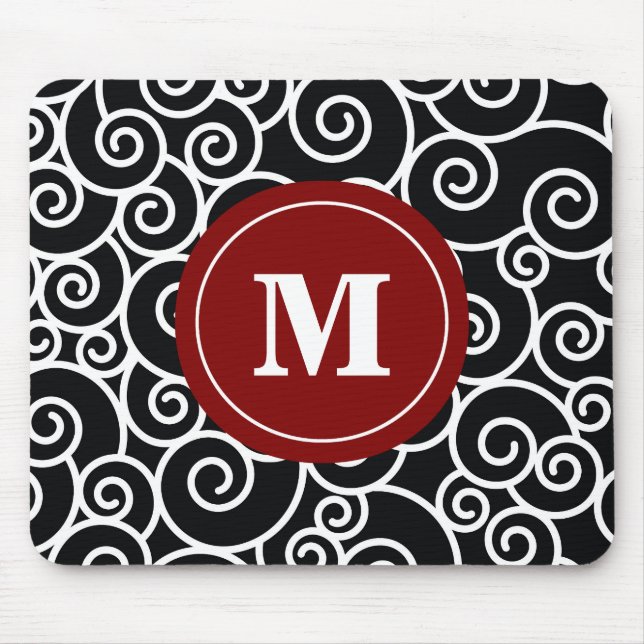 Burgundy Black Swirl Monogram Mouse Pad. Mouse Mat (Front)