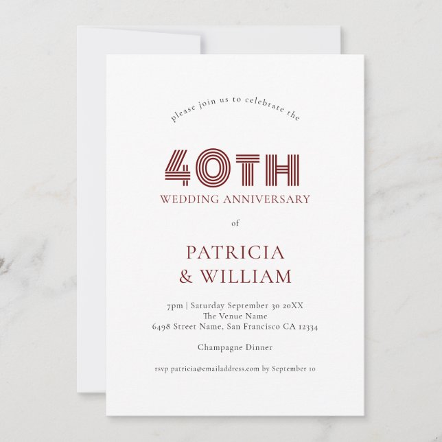 Burgundy Black Text 40th Wedding Anniversary Invitation (Front)