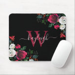 Burgundy Black Watercolor Floral Name Monogrammed Mouse Mat<br><div class="desc">Burgundy black watercolor botanical peony rose floral personalised monogrammed mouse pad. Burgundy, marsala, white watercolor peony roses, botanical floral design with dark green leaves and berries on black background. Feature an elegant swirly handwritten typography design with your custom name, monogram and pretty burgundy, white peony roses arrangement. Perfect feminine gift....</div>