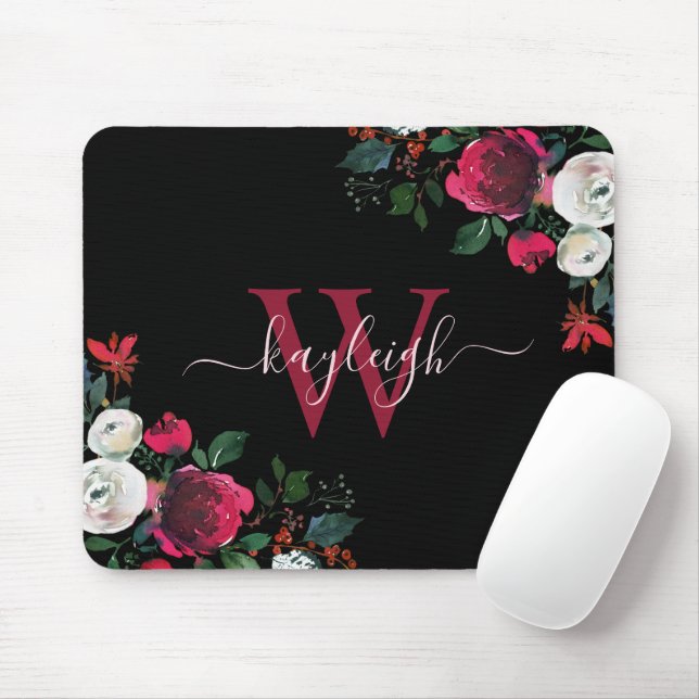 Burgundy Black Watercolor Floral Name Monogrammed Mouse Mat (With Mouse)