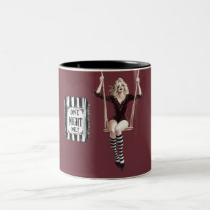 Burgundy Black White Circus Swing Blond Lady Two-Tone Coffee Mug