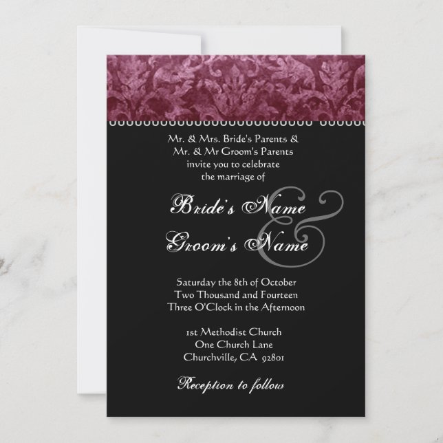 Burgundy Black White Damask Wedding Invitation (Front)