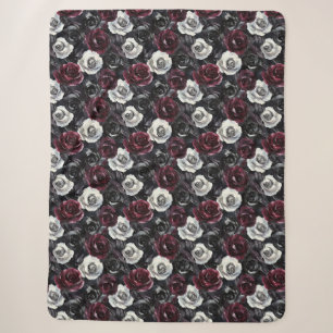 Burgundy Black White Flowers Sherpa Blanket