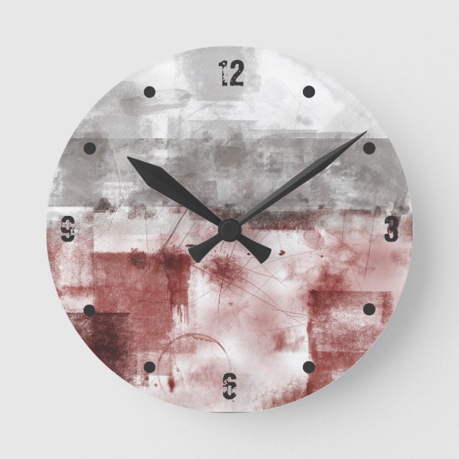 Burgundy Black White Gray abstract Round Clock (Front)