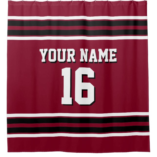 Burgundy Black White Stripes Sports Jersey Shower Curtain (Front)