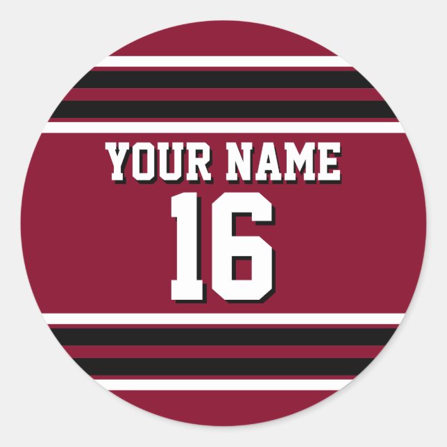 Burgundy Black Wht Team Jersey Custom Number Name Classic Round Sticker (Front)