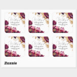 Burgundy Bliss: Elegant Floral Vine Pattern in Win Square Sticker<br><div class="desc">Indulge in Elegance: Our 'Burgundy Bliss' Wedding Collection is the epitome of sophistication and romance. This bundle features exquisite wedding invitations and stationery adorned with a luxurious floral vine pattern in rich wine red, symbolizing love and passion. Each piece, from the save-the-dates to the thank you cards, exudes timeless charm...</div>