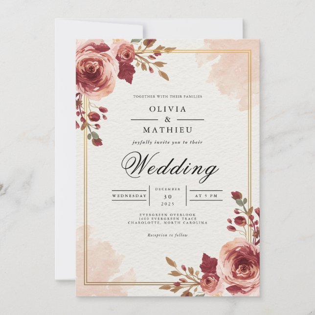 Burgundy Bloom Archway Wedding Invitation (Front)
