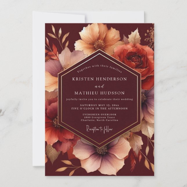 Burgundy Bloom Autumn Wedding Invitation (Front)