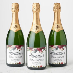 Burgundy Bloom Boho Floral Bridal Shower Sparkling Wine Label