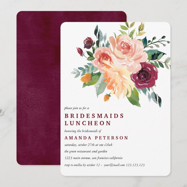 Burgundy Bloom  Bridesmaids Luncheon Wedding Invitation (Front/Back)