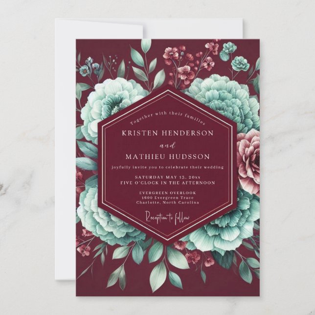 Burgundy Bloom Enchantment Wedding Invitation (Front)
