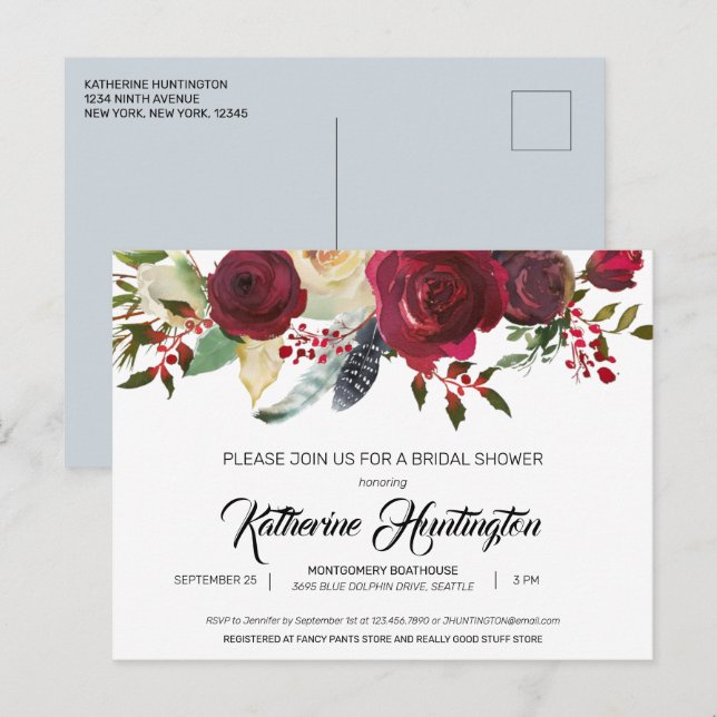 Burgundy Bloom Floral Preprinted Return Address Postcard (Front/Back)