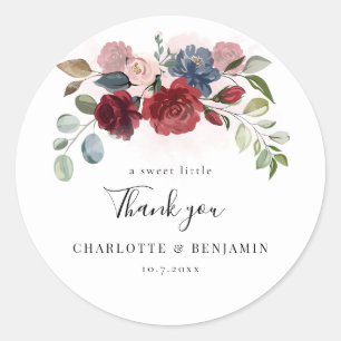 Burgundy Bloom Floral Wedding Thank You Classic Round Sticker