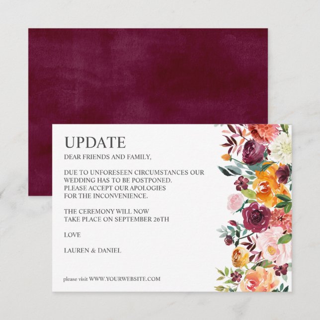 Burgundy Bloom | Rustic Botanical WEDDING UPDATE Invitation (Front/Back)