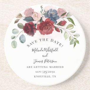 Burgundy Bloom Rustic Floral Save The Date Coaster