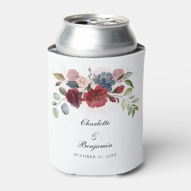 Burgundy Bloom Rustic Floral Wedding Party Can Cooler (Can Front)