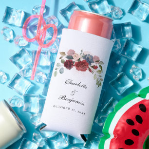 Burgundy Bloom Rustic Floral Wedding Party Seltzer Can Cooler