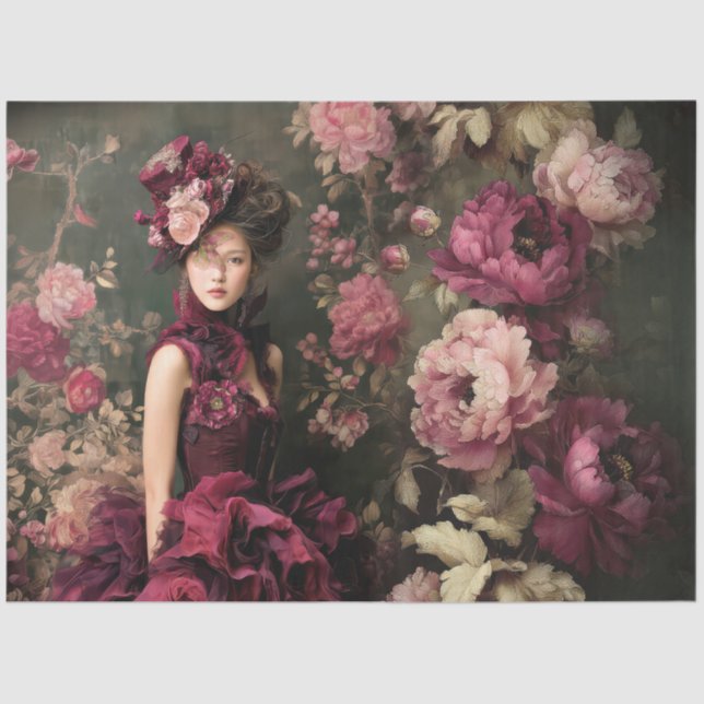 Burgundy Blooms, Victorian Gothic, Moody Florals Tissue Paper (Front)