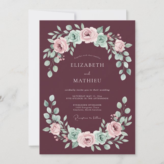 Burgundy Blossom Arch Wedding Invitation (Front)