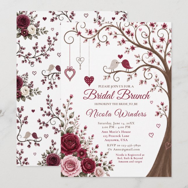 Burgundy Blossom Bridal Brunch Invitation (Front/Back)