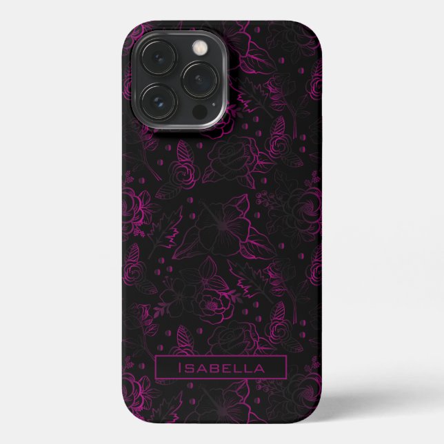 Burgundy blossom floral pattern personalised name iPhone case (Back)