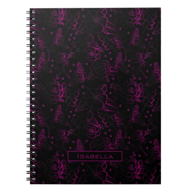 Burgundy blossom floral pattern personalised name notebook (Front)