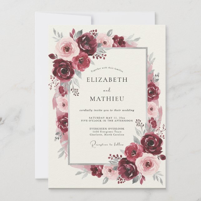 Burgundy Blossom Romance Wedding Invitation (Front)