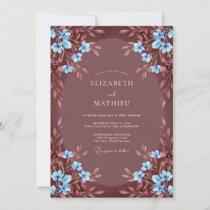 Burgundy Blue Blossom Romance Wedding Invitation