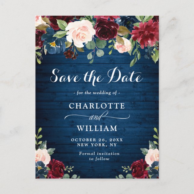 Burgundy Blue Blush Floral Wedding Save the Date Postcard (Front)