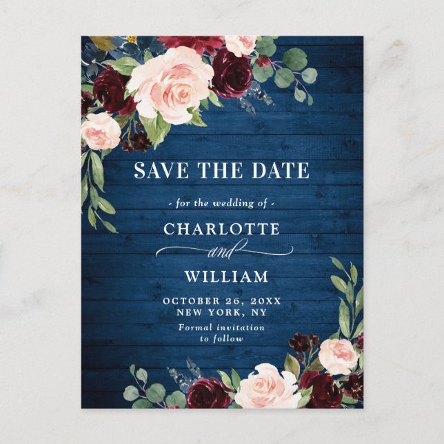 Burgundy Blue Blush Floral Wedding Save the Date Postcard (Front)