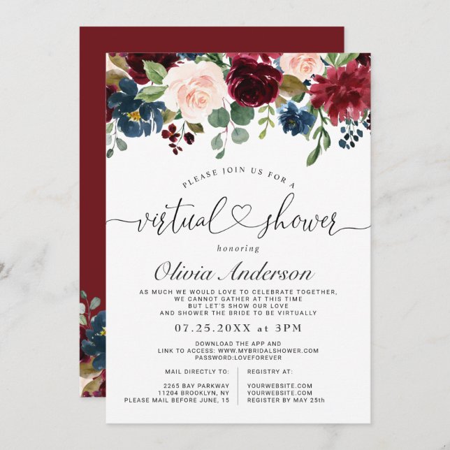 Burgundy Blue Blush Flowers Virtual Bridal Shower Invitation (Front/Back)