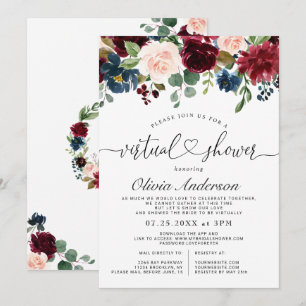Burgundy Blue Blush Flowers Virtual Bridal Shower Invitation