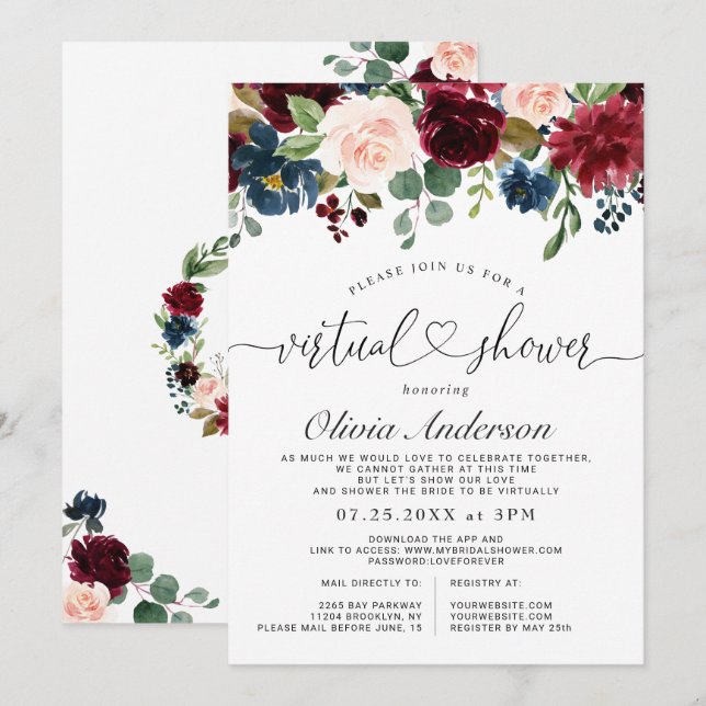 Burgundy Blue Blush Flowers Virtual Bridal Shower Invitation (Front/Back)