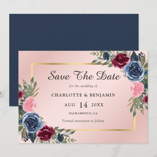 Burgundy Blue Blush Gold Floral Wedding Save The Date (Front/Back)