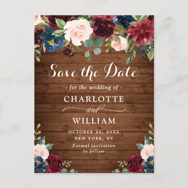 Burgundy Blue Blush Rustic Wedding Save the Date Postcard (Front)