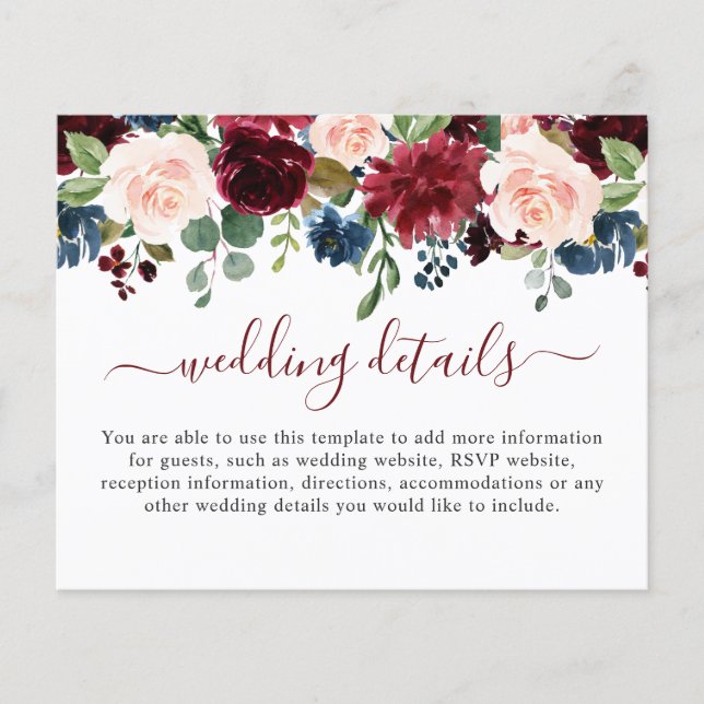 Burgundy Blue Blush Wedding Details Enclosure Card (Front)