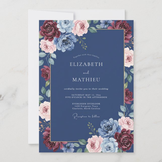 Burgundy Blue Botanical Romance Wedding Invitation (Front)