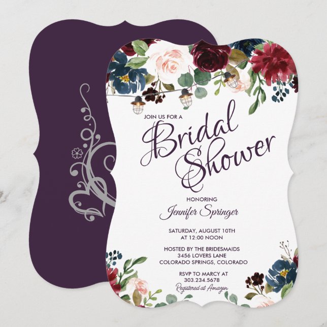 Burgundy & Blue English Flowers Bridal Shower Invitation (Front/Back)