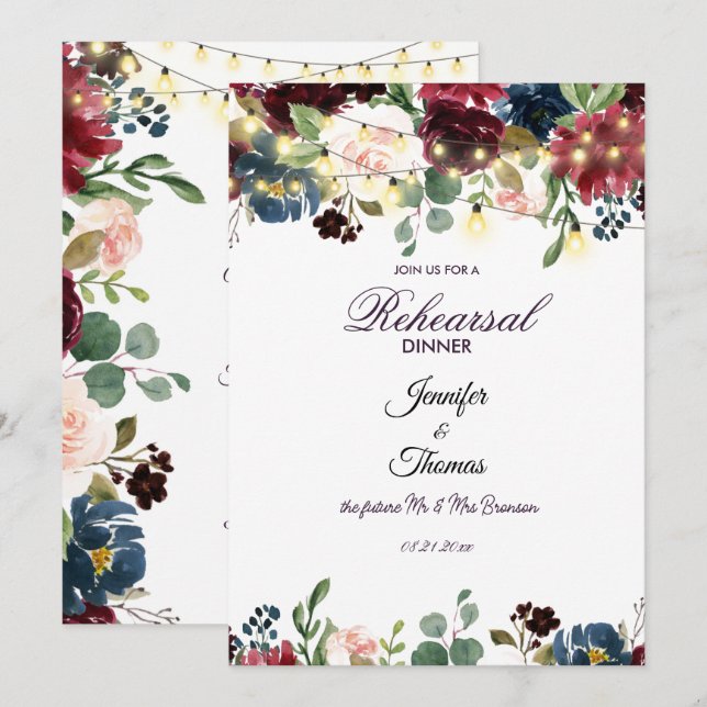 Burgundy & Blue English Flowers Rehearsal Dinner Invitation (Front/Back)